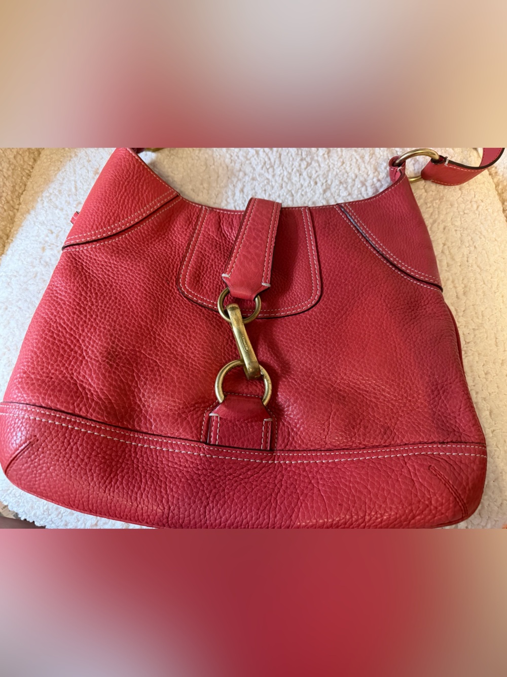 Coach Red Pebbled Leather Shoulder Bag with Gold Hardware